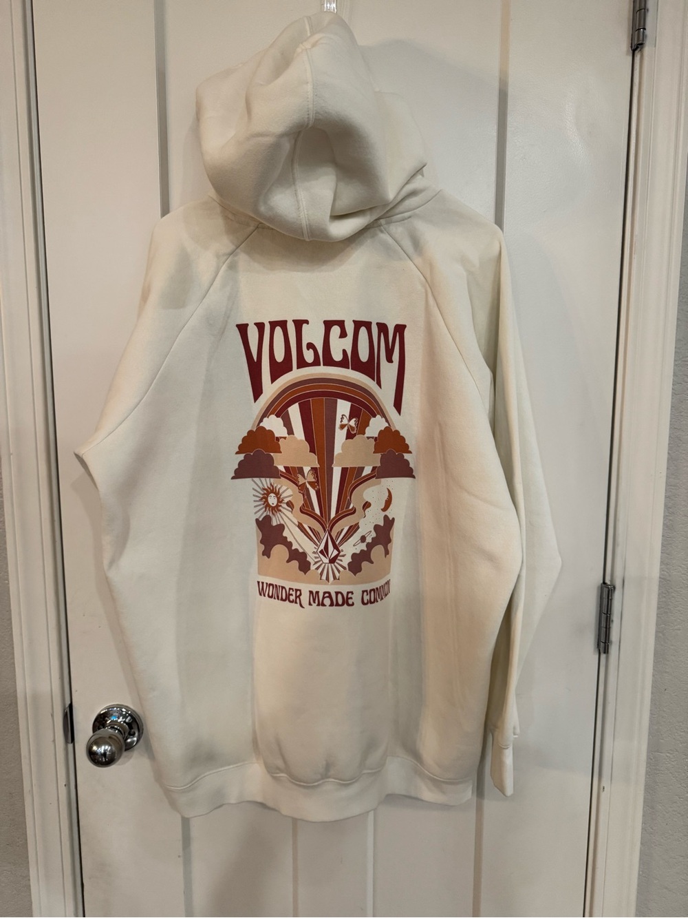 Volcom Cream Pullover Hoodie with Retro Maroon & Rust Graphic